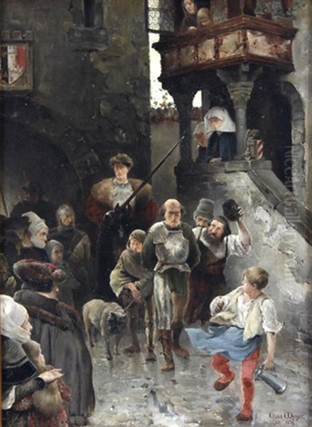 Ein Schwerer Gang, Historisierende Strasenszene Mit Geharnischtem Mann Und Schaulustigen Oil Painting by Claus Meyer