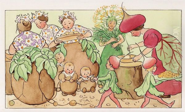 Fest I Potatislandet Oil Painting by Elsa Beskow