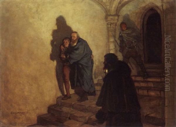 Alter Mann Wird Bei Laternenschein Eine Burgtreppe Hinabgefuhrt Oil Painting by Claus Meyer