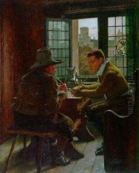 Vater Und Sohn Rauchen Am Offenen Fenster Oil Painting by Claus Meyer