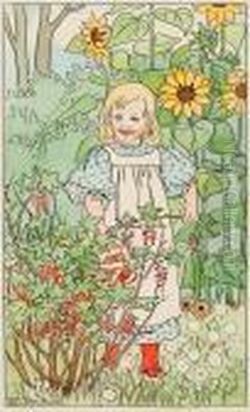 Girl By The Red Curantbush Oil Painting by Elsa Beskow