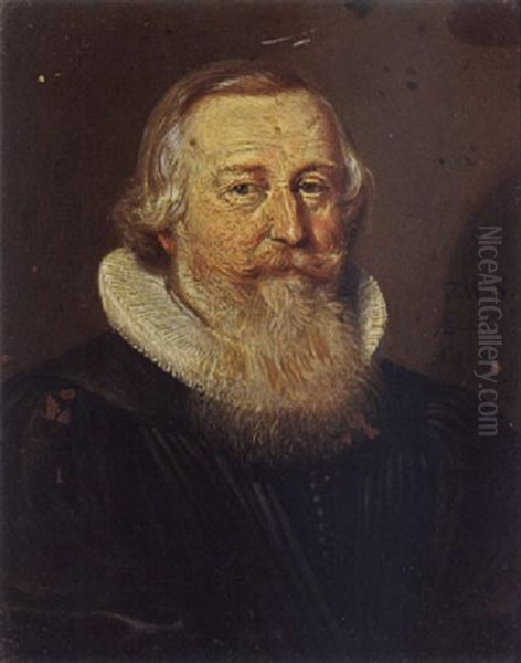 A Portrait Of An Elderly Bearded Gentleman, Aged 46, Wearing A Black Coat With A White Lace Collar Oil Painting by Conrad Meyer