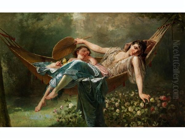 Mutter Und Kind Machen Eine Siesta In Einer Hangematte Oil Painting by Emile Meyer