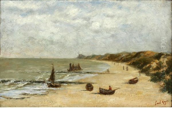 Coastal Scene With Beached Rowing Boats Oil Painting by Emile Meyer