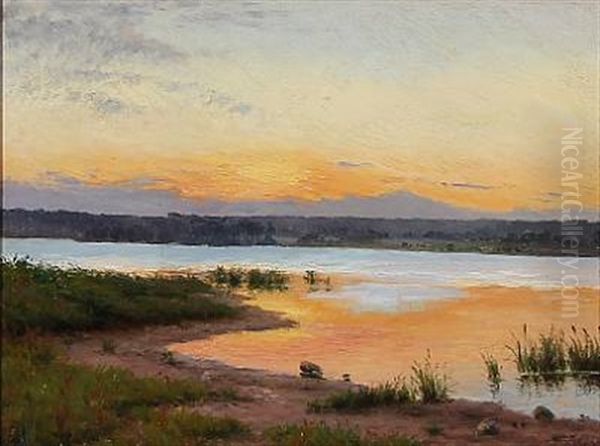 Fiord Landscape At Sunset Oil Painting by Emma Meyer