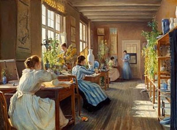 Women Decorating Porcelain At Den Kgl. Porcelaensfabrik (royal Copenhagen) Oil Painting by Emma Meyer