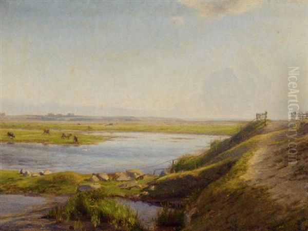 Cattle Grazing By A River Estuary Oil Painting by Emma Meyer