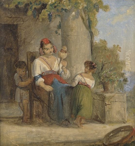 Italienerin Mit Spindel Und Zwei Spielenden Kindern Unter Der Pergola Oil Painting by Ernst Meyer