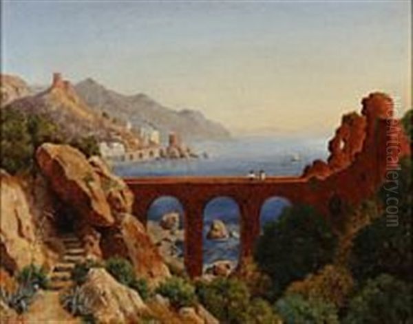 Italian Coastal Landscape With A Viaduct Oil Painting by Ernst Meyer