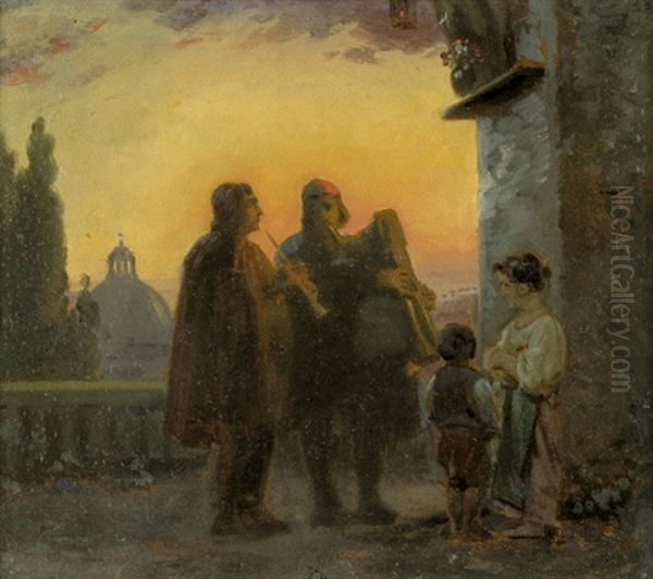 Zwei Pifferari Unter Einem Madonnenandachtsbild Spielend, Im Hintergrund Die Kuppel Von St. Peter Oil Painting by Ernst Meyer