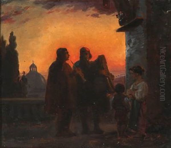 Evening In Rome With Two Street Musicians Oil Painting by Ernst Meyer