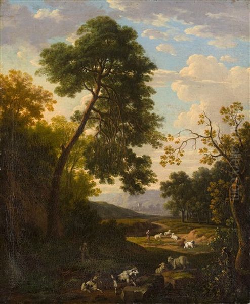 Hirten Mit Ihrer Herde In Bewaldeter, Hugeliger Landschaft Oil Painting by Felix Meyer