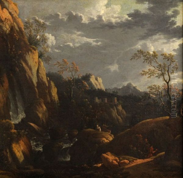 Felsige Flusslandschaft Mit Figurenstaffage Und Burgruine Oil Painting by Felix Meyer