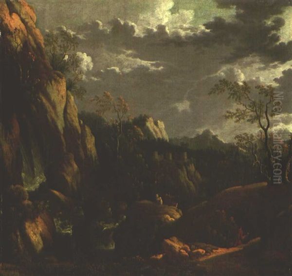 Felslandschaft Mit Figurenstaffage Und Burgruine Im Mittelgrund Oil Painting by Felix Meyer