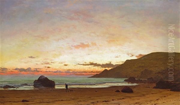 Coastal Scene With A Man And A Dog Oil Painting by Frederick William Meyer