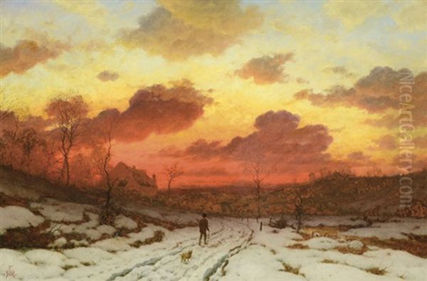 Winter Landscape At Sunset Oil Painting by Frederick William Meyer