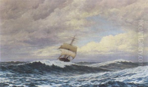 A Masted Ship In Stormy Waters Oil Painting by Frederick William Meyer