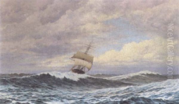 A Masted Ship In Stormy Waters Oil Painting by Frederick William Meyer