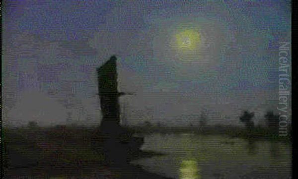 River Scene, Rouen, Moonlight & Figures On A     Track By Moonlight, A Windmill Beyond Oil Painting by Frederick William Meyer