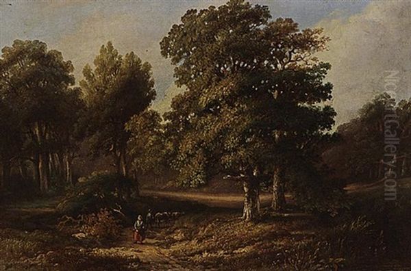 A Peasant Woman On A Path In A Wooded Landscape Oil Painting by Gerhardus Meyer