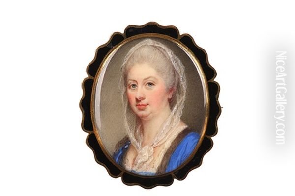 Portrait Miniature Of A Lady, Wearing A Blue Dress Trimmed With Fur, White Lace Oil Painting by Jeremiah Meyer