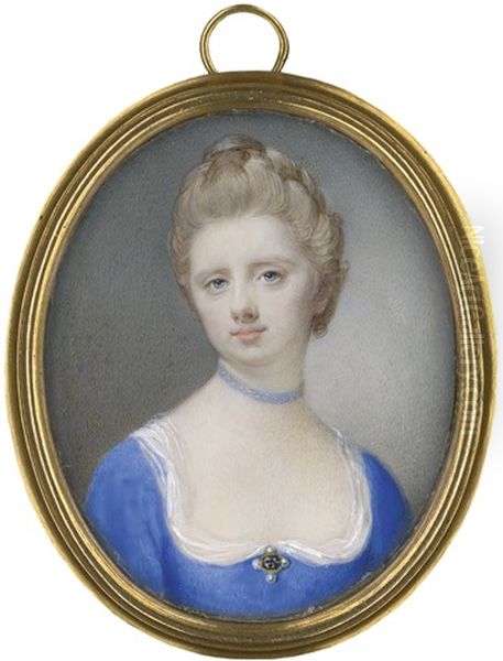 Bildnis Einer Jungen Frau Mit Hochgesteckten Haaren Im Blauen, Dekolletierten Kleid Mit Blauem Halsband Oil Painting by Jeremiah Meyer