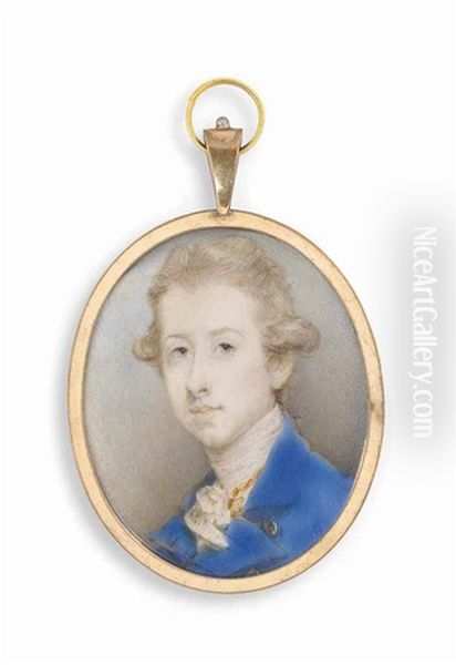 William Pitt The Younger (1759-1806), With Powdered Hair En Queue, Wearing A Cerulean Blue Coat, White Waistcoat With Gold Braiding And A Lace Jabot Oil Painting by Jeremiah Meyer