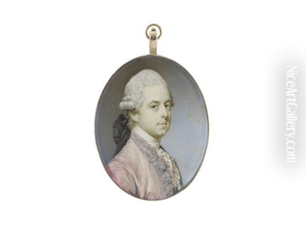 A Pair Of Miniatures Portraying A Gentleman And A Lady: The Former, Wearing Pink Coat With Blue Embroidery And Buttons, White Chemise And Lace Cravat Oil Painting by Jeremiah Meyer