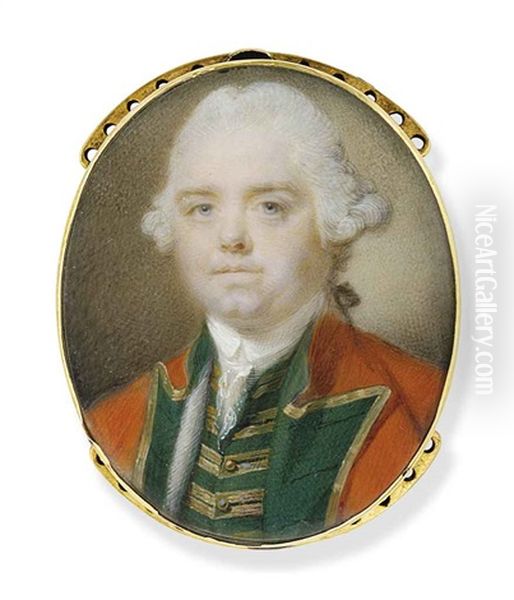 Philip Puleston, In The Uniform Of An Infantry Officer, In Gold-trimmed Scarlet Coat With Green Facings, Green Waistcoat With Gold Frogging, Frilled White Lace Cravat Oil Painting by Jeremiah Meyer