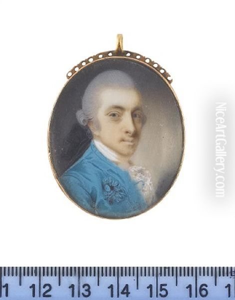 Sir Joshua Paul, 1st Baronet, Wearing Cyan Blue Coat, White Lace Cravat And Stock, Powdered Wig Worn En Queue With A Large Black Ribbon by Jeremiah Meyer