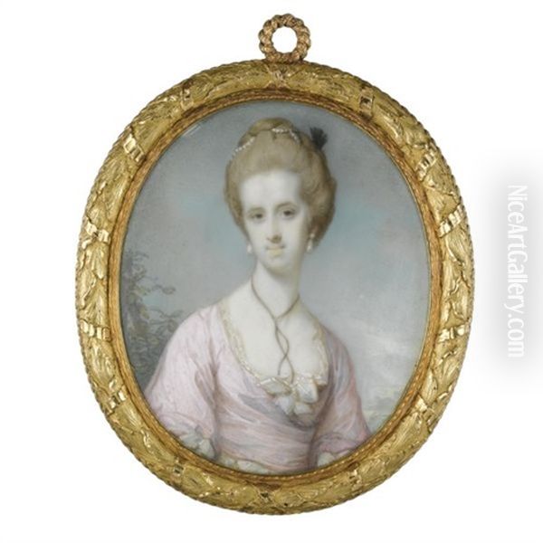 Portrait Of Mrs William Hayley, Nee Elizabeth Ball, In A Pink Dress With Pearls In Her Hair Oil Painting by Jeremiah Meyer