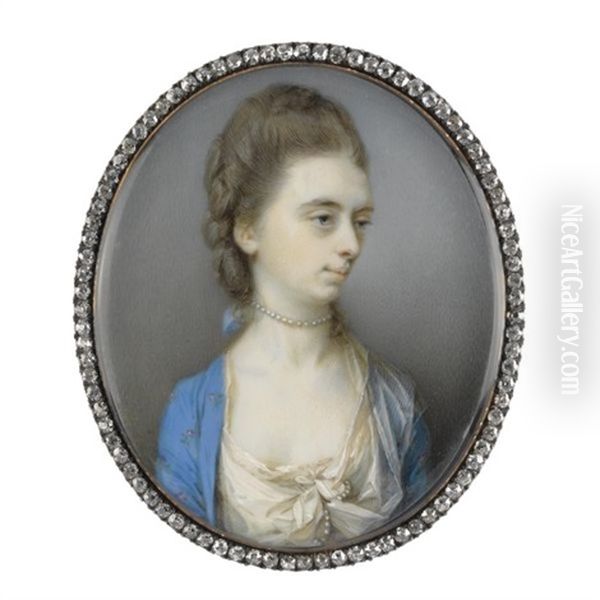 Portrait Of Emily, Countess Of Bellomont, In A White Dress And Blue Surcoat Oil Painting by Jeremiah Meyer