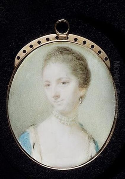 A Lady Wearing Ermine-trimmed Blue Open Robe, Choker Of Crossed Strands Of Pearls, Drop Pearl Earring And Pearls In Her Upswept Hair by Jeremiah Meyer