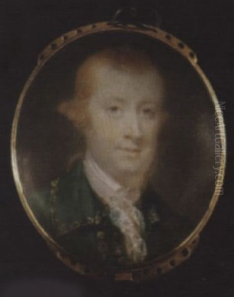 A Gentleman Wearing Gold-figured Green Coat, Matching Waistcoat And White Lace Cravat, His Auburn Hair Worn En Queue Oil Painting by Jeremiah Meyer