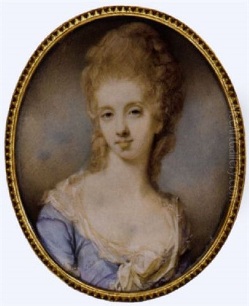 A Young Lady In Pale Blue Dress With Lace-bordered Underdress With Large White Bow At Corsage, Her Fair Hair Curled And Upswept Oil Painting by Jeremiah Meyer