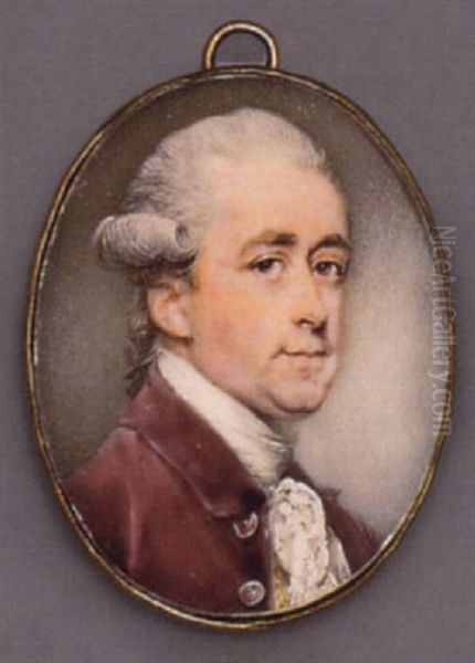 A Gentleman In Plum-coloured Velvet Jacket, Gold-embroidered White Waistcoat And Lace Cravat, Powdered Wig En Queue Oil Painting by Jeremiah Meyer