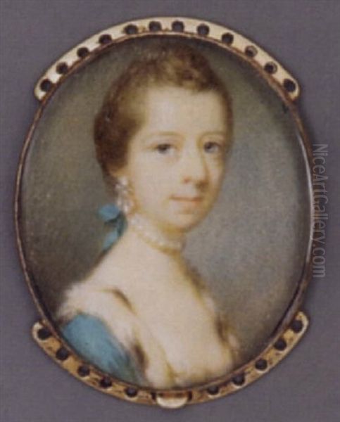 A Young Lady In Lace-bordered White Dress, Turquoise Surcoat, Pearl Neclkace Tied With Turquoise Ribbon, Pearl Earrings, Her Hair Plaited And Upswept Oil Painting by Jeremiah Meyer