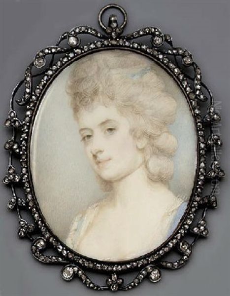 A Young Lady In Pale Blue Dress With White Underdress, Pale Blue Ribbon In Her Upswept Hair Oil Painting by Jeremiah Meyer