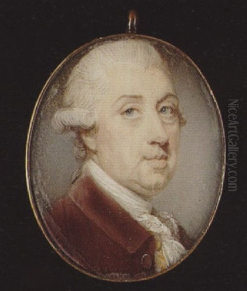 A Gentleman, His Powdered Hair En Queue And Side Buckles, Wearing Brown Coat, Gold Figured Waistcoat, Frilled White Cravat And Stock Oil Painting by Jeremiah Meyer