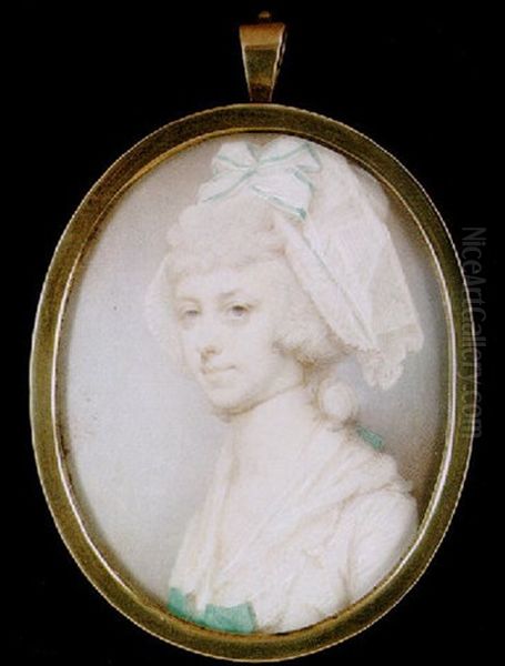 A Lady With Powdered Hair, Wearing White Bonnet With Green Trimmed Bow And White Dress Oil Painting by Jeremiah Meyer