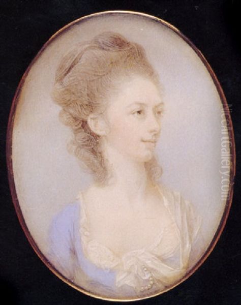 A Lady, In Lilac-coloured Dress With White Underslip, A White Gauze Shawl Held With Pearls Over Her Left Shoulder, Her Hair Curled, Powdered And Upswept Oil Painting by Jeremiah Meyer