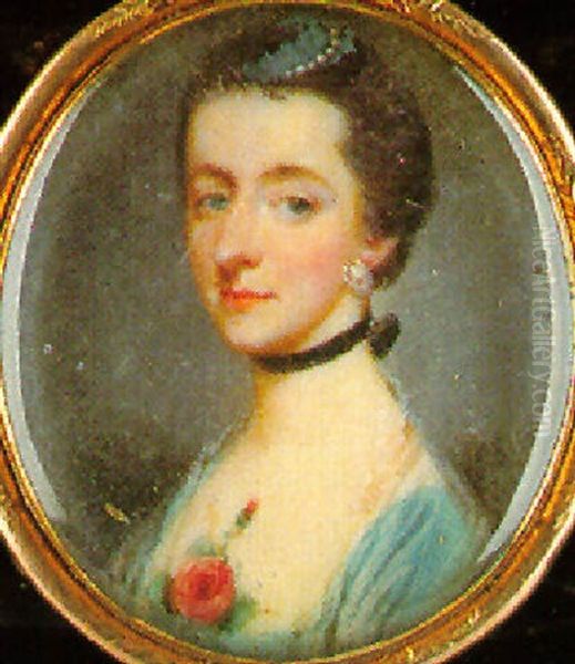 A Portrait Of A Lady (mrs. John Oliver?) Wearing Decollete Blue Dress And Pink Rose At Her Corsage Oil Painting by Jeremiah Meyer