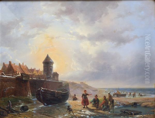 Fishermen And Boats On The Beach Oil Painting by Johan Hendrik Meyer