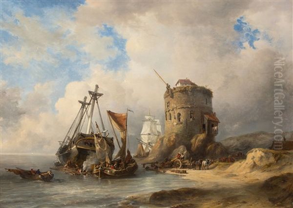 A Coast Scene With Activities Around A Wrecked Ship Oil Painting by Johan Hendrik Meyer