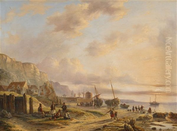 Coastal Landscape With Fishers Oil Painting by Johan Hendrik Meyer