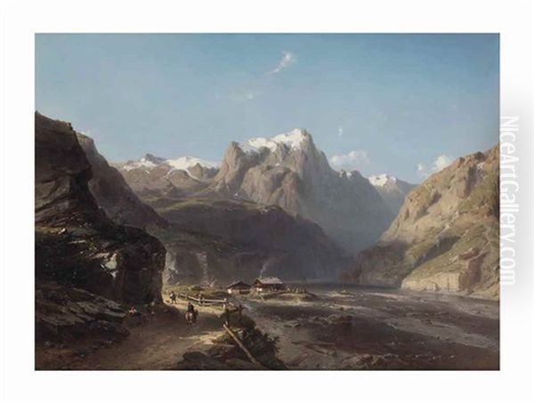 Travellers On A Path Near A Lake In The Alps Oil Painting by Johan Hendrik Meyer