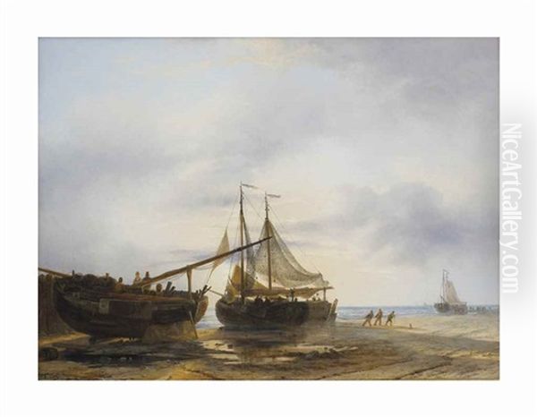 Drying The Nets Oil Painting by Johan Hendrik Meyer