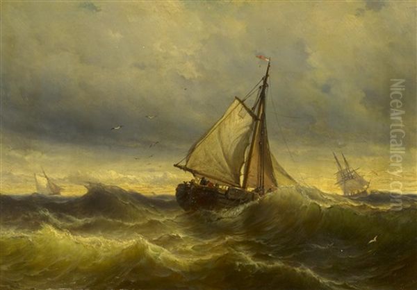 Ausfahrende Fischer In Der Dammerung Oil Painting by Johan Hendrik Meyer