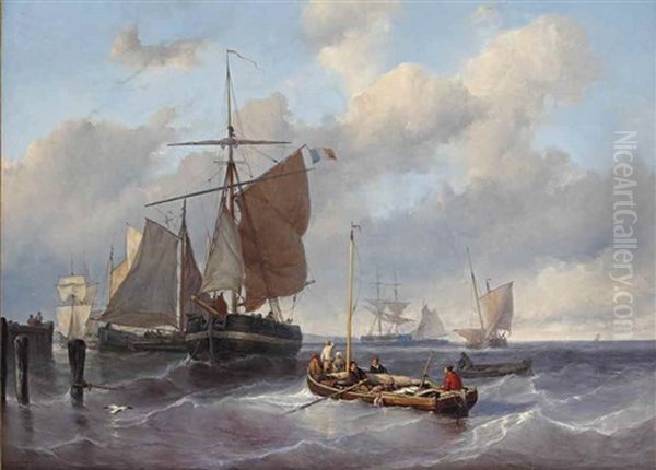 Sea Scene With Fishing Boats Oil Painting by Johan Hendrik Meyer