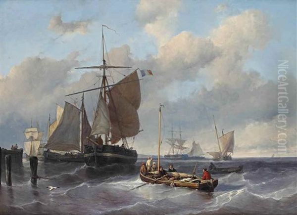 A Seascape With Fishing Boats Oil Painting by Johan Hendrik Meyer